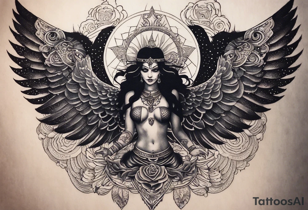 black kali, goddess pirate, alien, angel, pachamama, valkrye, warrior, flying, skull, lotus azul, wing, eagle, zenza resonance, stars, 5D, anahata chakra, death, durga, riding on a tiger, flying lady, chest tatoo tattoo idea