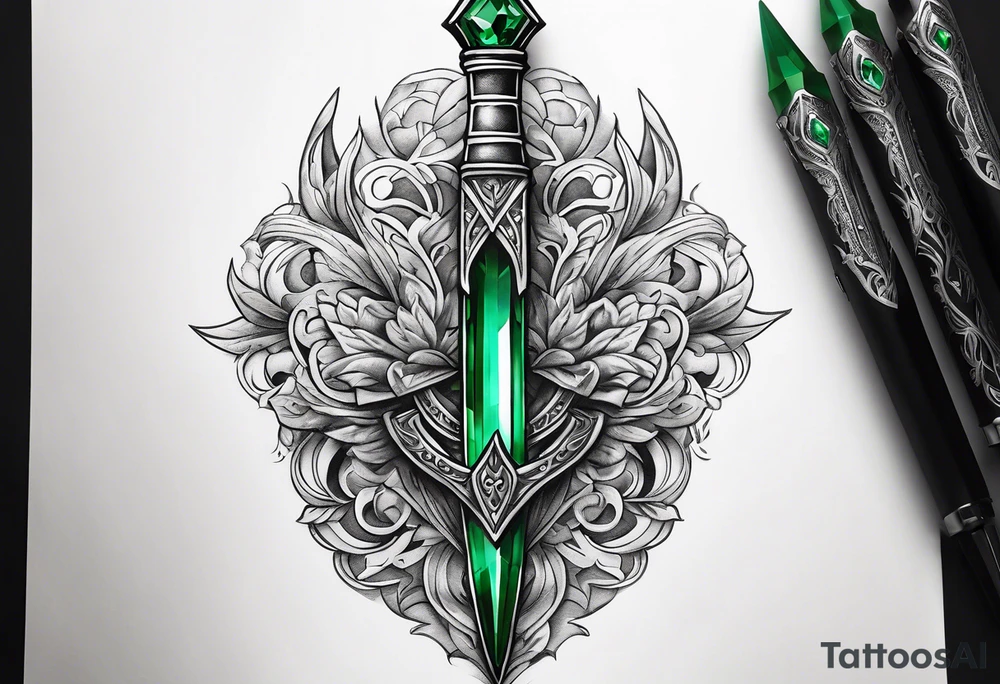 An athame dagger with the hilt turned upward and emerald gemstones tattoo idea