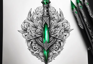 An athame dagger with the hilt turned upward and emerald gemstones tattoo idea