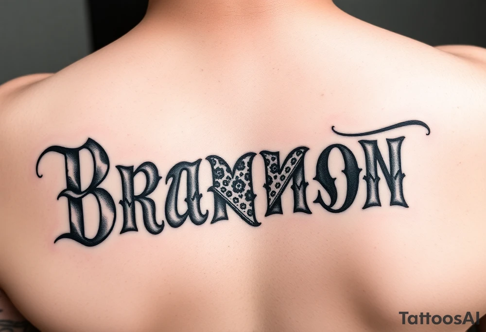 Chicano Lettering Spelling Brannon with the bandana design filling the letters tattoo idea