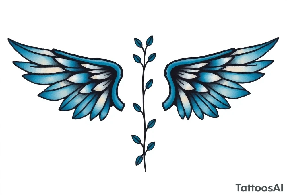 A minimalist wings tattoo that represents a shattered and betrayed gemini woman who fought hard throughout this year. With colors blue and black. Make it unique and rare. Without leaves and stem. tattoo idea