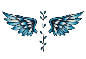 A minimalist wings tattoo that represents a shattered and betrayed gemini woman who fought hard throughout this year. With colors blue and black. Make it unique and rare. Without leaves and stem. tattoo idea