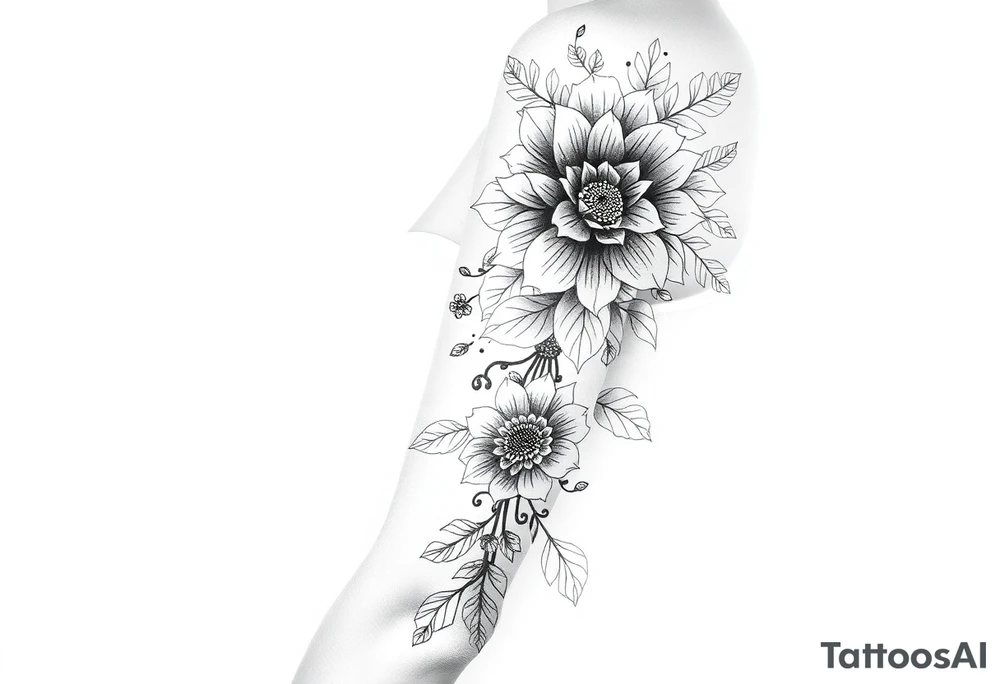 floral composition with japanese vibe, mutiple ornemental patern and leaf, dot geometric ornement tattoo idea