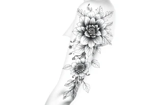 floral composition with japanese vibe, mutiple ornemental patern and leaf, dot geometric ornement tattoo idea