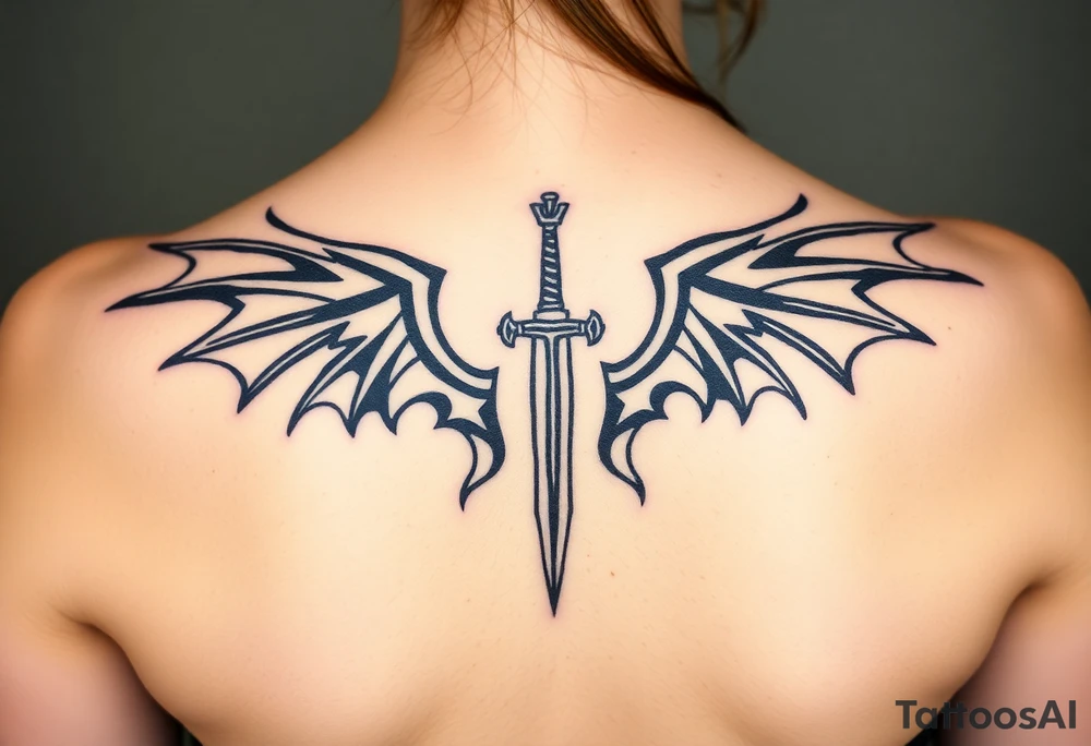 Dragon wings with sword in middle tattoo idea