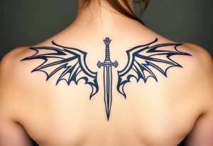 Dragon wings with sword in middle tattoo idea