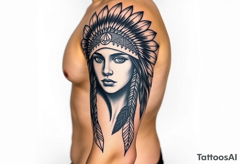Native American girl with headdress the sun and arrowhead tattoo idea