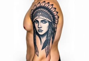 Native American girl with headdress the sun and arrowhead tattoo idea