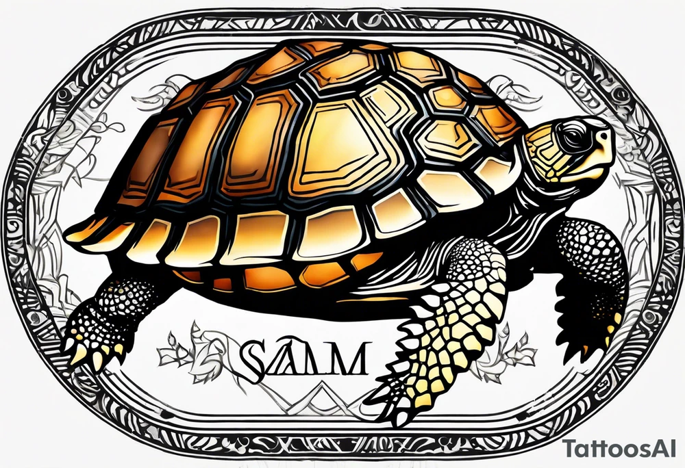 top down view of a tortoise with the name Sam engraved in the shell tattoo idea