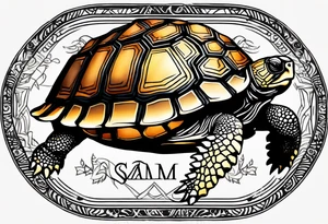 top down view of a tortoise with the name Sam engraved in the shell tattoo idea
