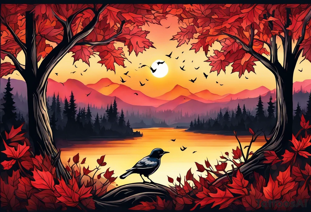 Arm tattoo. Long tattoo A maple tree with red autumn leaves that branches upwards. White-throated dipper bird on the trees branches. Calluna flowers at the base of the trees stem. Tree stem has dark colors. Red/yellow sunset behind the trees stem. Leaves falling. tattoo idea