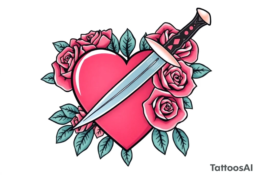 dagger piercing a heart with roses tattoo idea