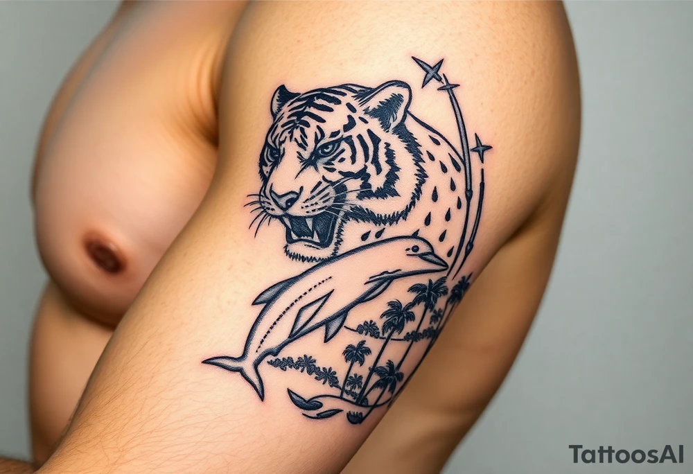 fierce tiger emerging through the trees with a jumping dolphin and palm trees underneath it tattoo idea