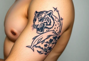 fierce tiger emerging through the trees with a jumping dolphin and palm trees underneath it tattoo idea