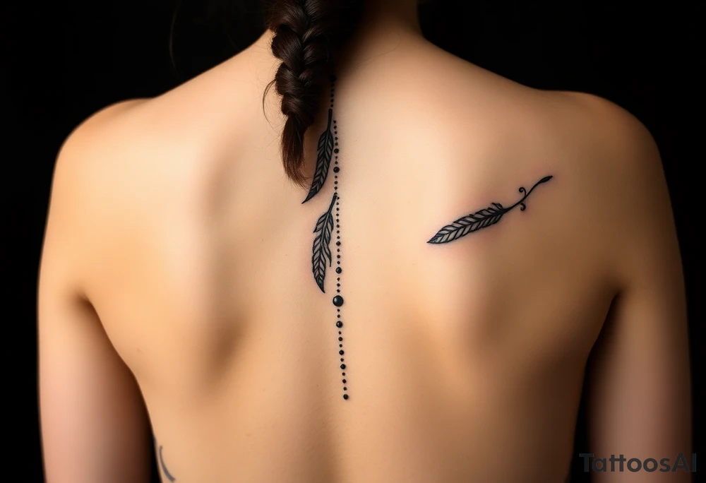 Thin spinal tattoo following down the spine in a native style with multiple different lengths flowing lines made of a discreet connection of morse code ".--- .- --.     .-.. ... -.- .- .-.   -.. .. --.     .-.. .. .-.. .-.. . -... .-. --- .-. connected to flowing feathers tattoo idea