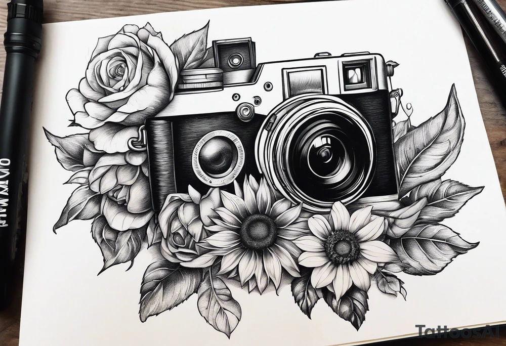 Sunflower, camera, book, owl, flower rose tattoo idea