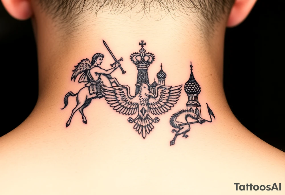 St. George slaying the dragon (hugely common in Russian Orthodox art)
Russian imperial crown above the eagle
Crossed swords or a Russian sabre
The Kremlin or St. Basil's Cathedral scene tattoo idea