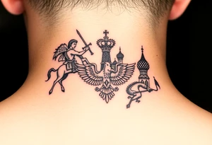 St. George slaying the dragon (hugely common in Russian Orthodox art)
Russian imperial crown above the eagle
Crossed swords or a Russian sabre
The Kremlin or St. Basil's Cathedral scene tattoo idea