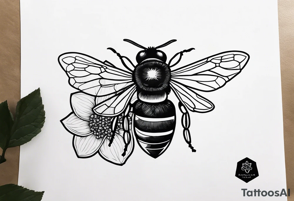 3 in by 2 in minimalist tattoo for forearm of a Hydrangea and a bee hovering by it tattoo idea