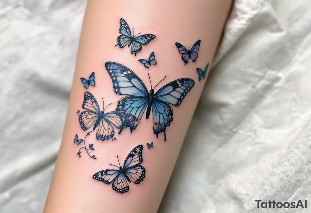 Tattoo of about 10 butterflies that look realistic and different sizes spaced out with some flower or vine tattoo idea