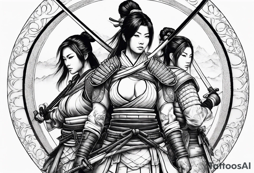 3 female samurais in body armor wielding dual swords, you can only see their backs, in front of a incomplete enso circle tattoo idea