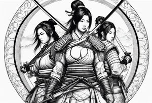 3 female samurais in body armor wielding dual swords, you can only see their backs, in front of a incomplete enso circle tattoo idea