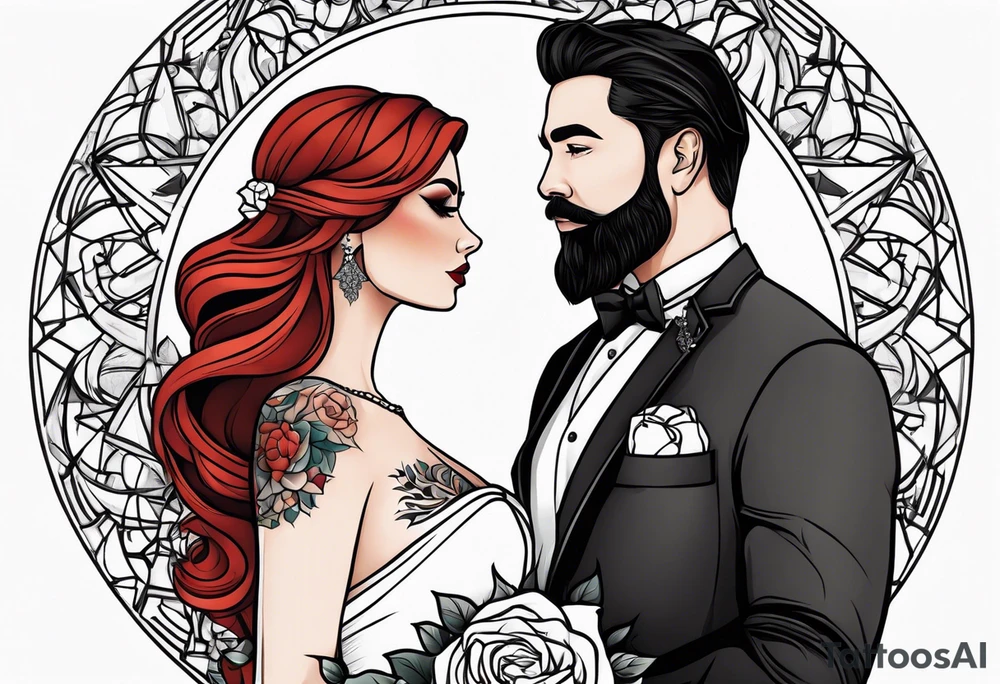 Busty red haired woman with a bearded man who has black hair getting married tattoo idea