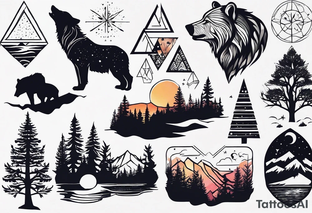 Create a sleeve tattoo from shoulder to wrist. The design should include space, stars, forest, sunset, mountains, cliffs, waterfall, water, ocean, wild animals (bear, wolves, elephant), and inserts of triangles and geometric figures. I have two children – a son, Sergei (the eldest), and a daughter, Anna, who live with me and my wife. But I also have another daughter, Marianna, whom I haven't seen for a long time and eagerly await to meet. The tattoo should symbolize love and protection for my children and family, the desire to secure their future, and confidence in tomorrow. It should reflect the notion of not looking back, but always moving forward and achieving goals! tattoo idea
