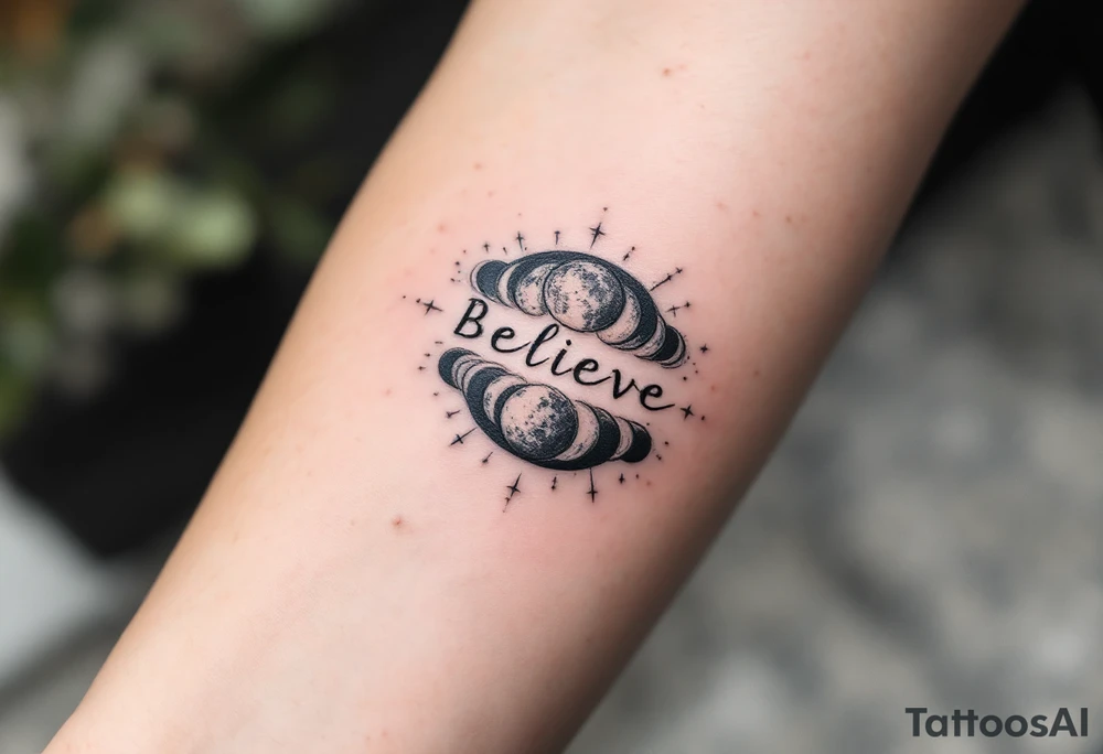 The word "Believe" in gray, with moon phases in the background, conveying the cyclical nature of life and faith in change. tattoo idea