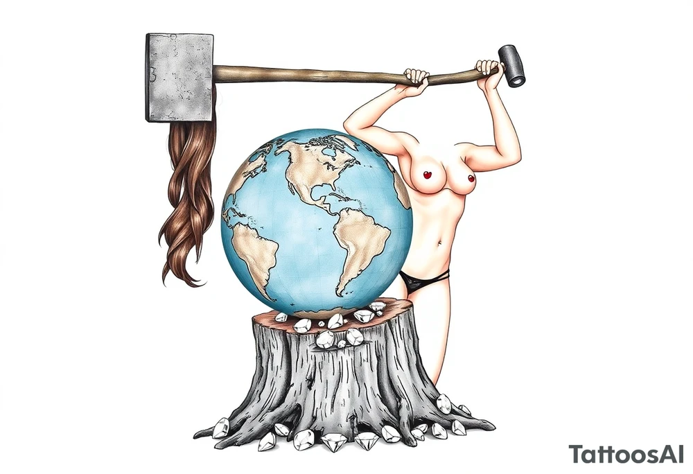 a very beautiful pin up girl, the pin up girl has her breasts nude with nipples exposed and in view, the pin up girl is wearing a g string, the pin up girl is swinging a large mallet overhead, the motion of swinging resembles an ax chopping wood, the mallet she is swinging is making contact with a earth globe, the earth globe is on top of a tree stump, the earth globe is half of the size of the diameter of the top surface of the tree stump, the earth globe is being squashed and compressed between the mallet and the trees stump, there is a pile of diamonds at the base of the tree stump, the idea is that the mallet is compressing the earth globe and the product is the diamonds that have fallen below, the idea is that the pin up girl if very beautiful, the idea is that pressure makes diamonds tattoo idea