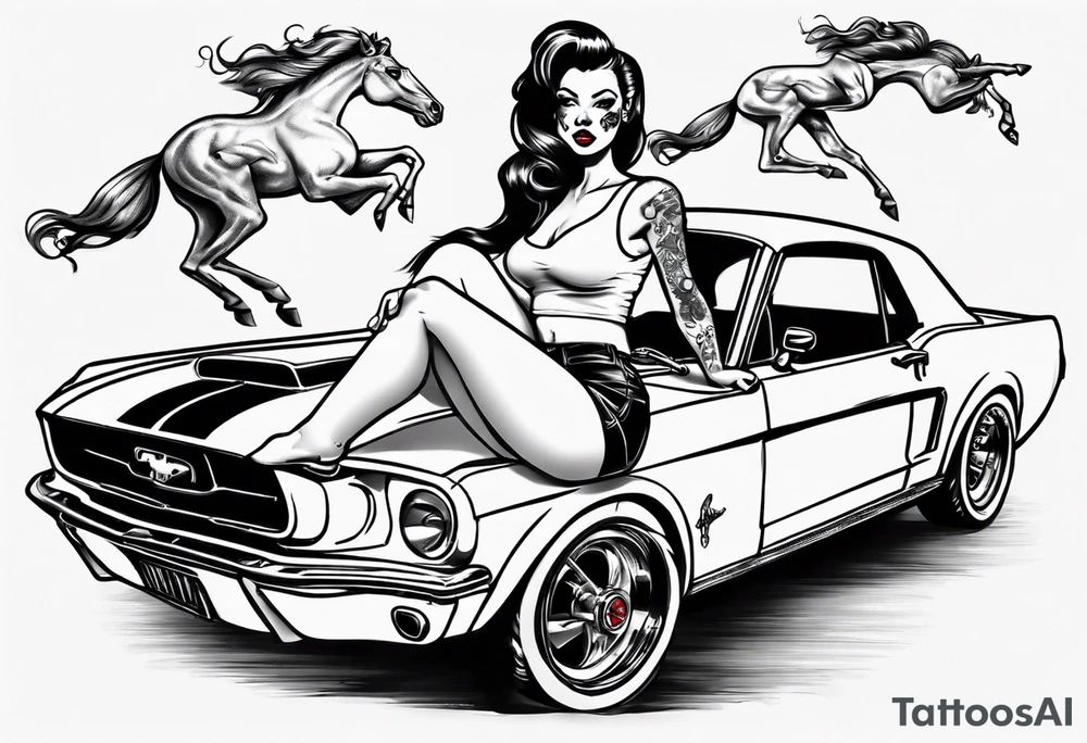 pinup doll sitting on the hood of a mustang car tattoo idea