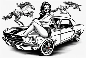 pinup doll sitting on the hood of a mustang car tattoo idea