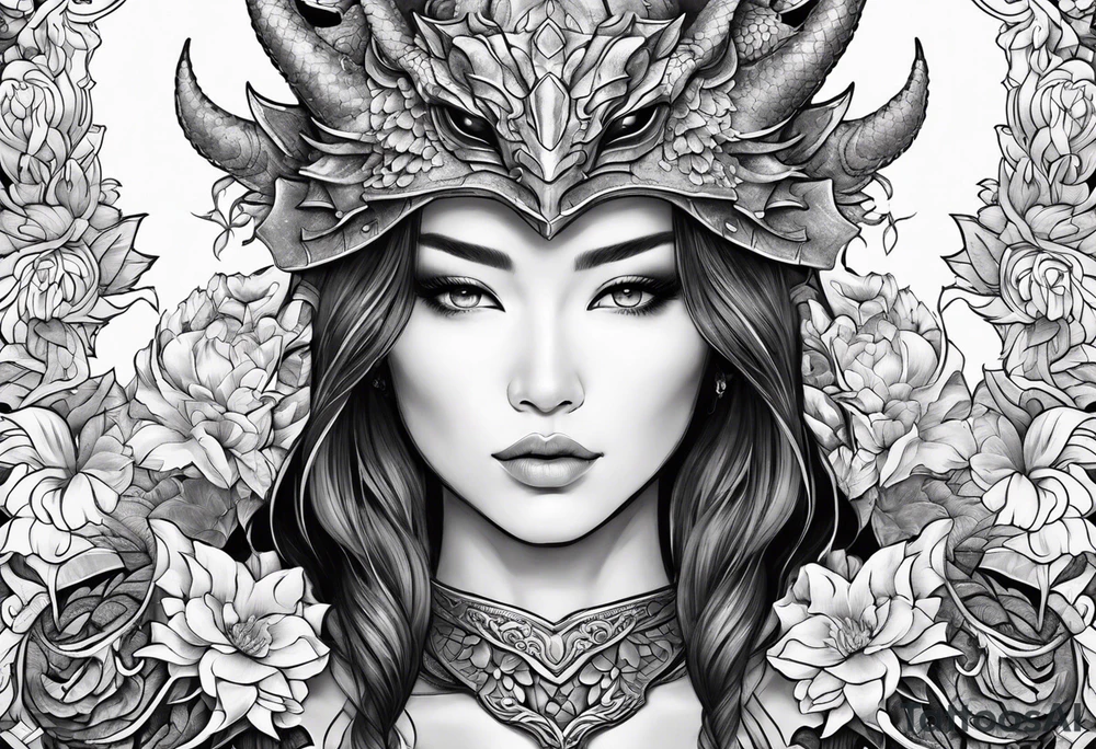 beautiful warrior woman wearing dragon armor and a floral background tattoo idea