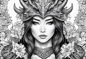 beautiful warrior woman wearing dragon armor and a floral background tattoo idea