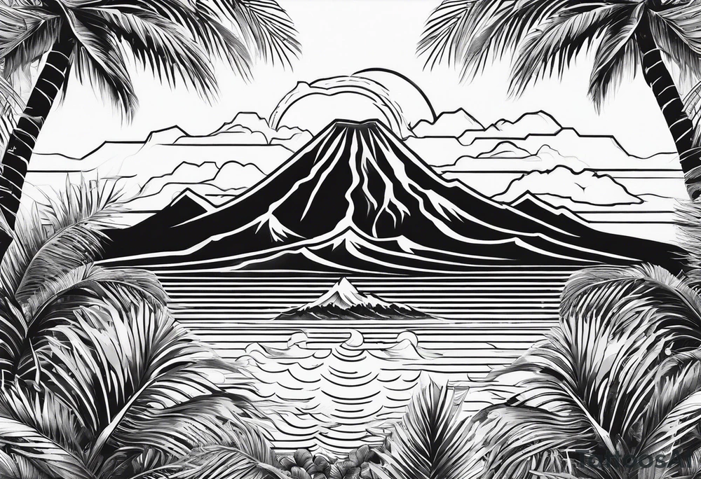 fineline tattoo of a palm tree with a volcano on the back tattoo idea