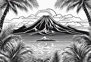 fineline tattoo of a palm tree with a volcano on the back tattoo idea