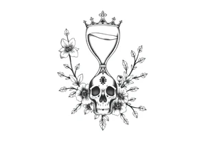 Hourglass with detailed beautiful gothic boho flowers on vine and skull with gorgeous crown tattoo idea