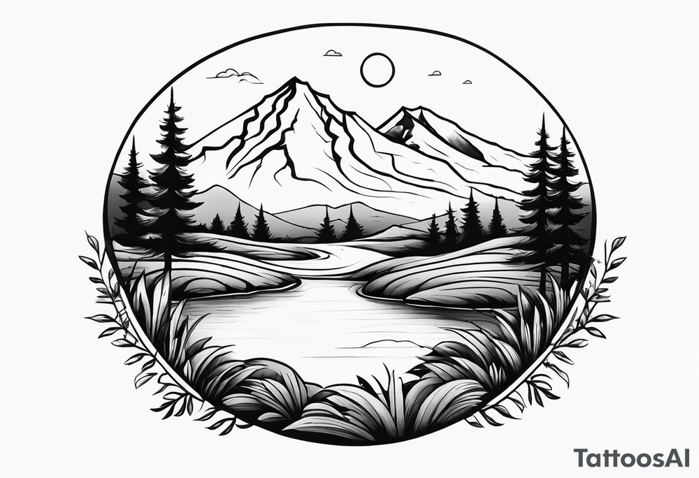 Mountain with a creek at the bottom and bushes at the base. For a full arm sleeve tattoo idea