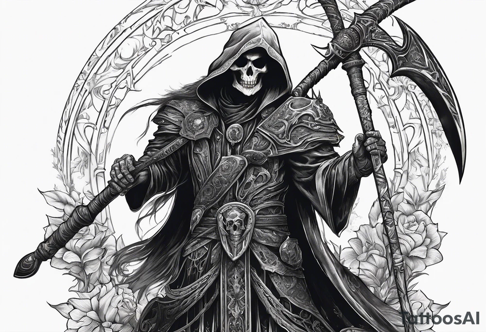 Necromancer holding a large scythe in 1 hand and raising a skeletal warrior under his other hand that is glowing tattoo idea