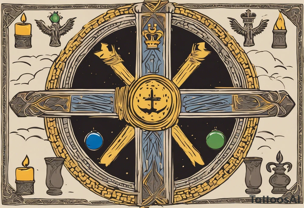 A medieval cross with an assyrian flag in the middle. A crown om top of the cross. The assyrian king Sennacherib. A sun and a moon. A cloud with rain and thunder. charizard. an imperfect cirkle. a candle. a swan. lemons. the god asshur with wings. an ankh. angel wings with a halo. surrounded by olive branches and feathers. tattoo idea