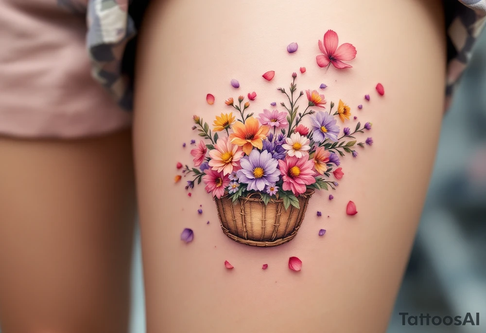 A bike with a basket full of wildflowers, colored in soft purples, pinks, and yellows, with petals floating into the air for a whimsical, carefree feel. tattoo idea