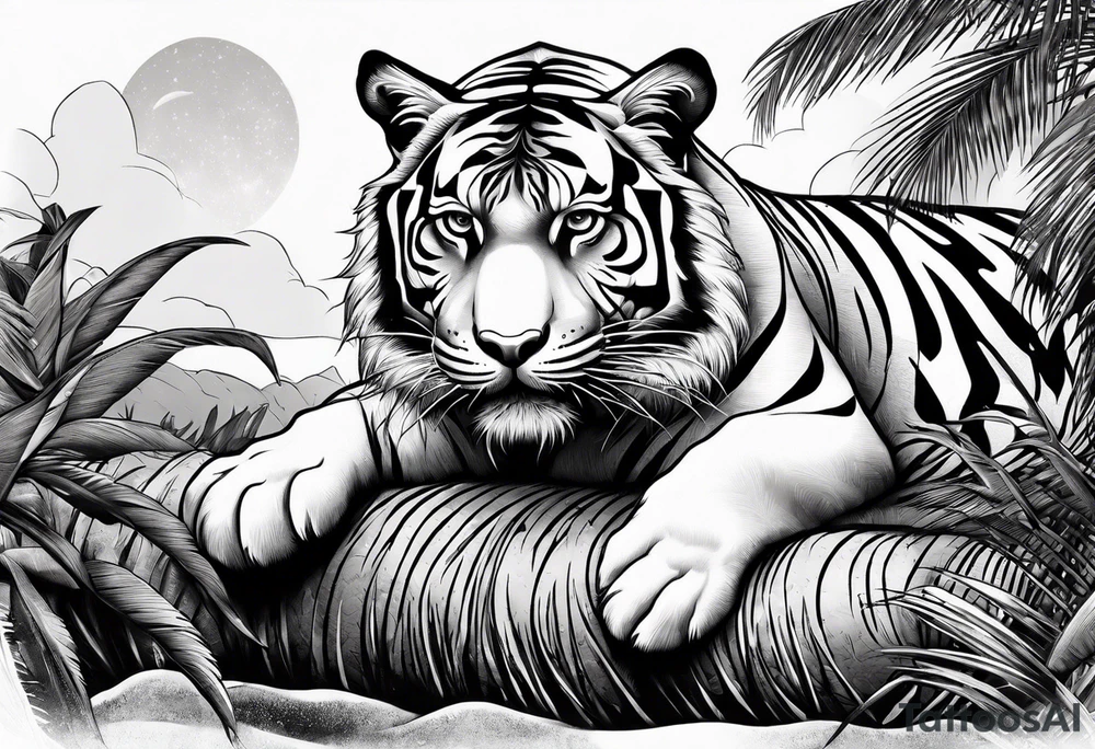 tiger laying on palm tree tattoo idea