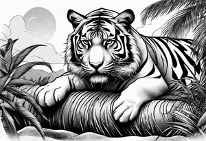 tiger laying on palm tree tattoo idea