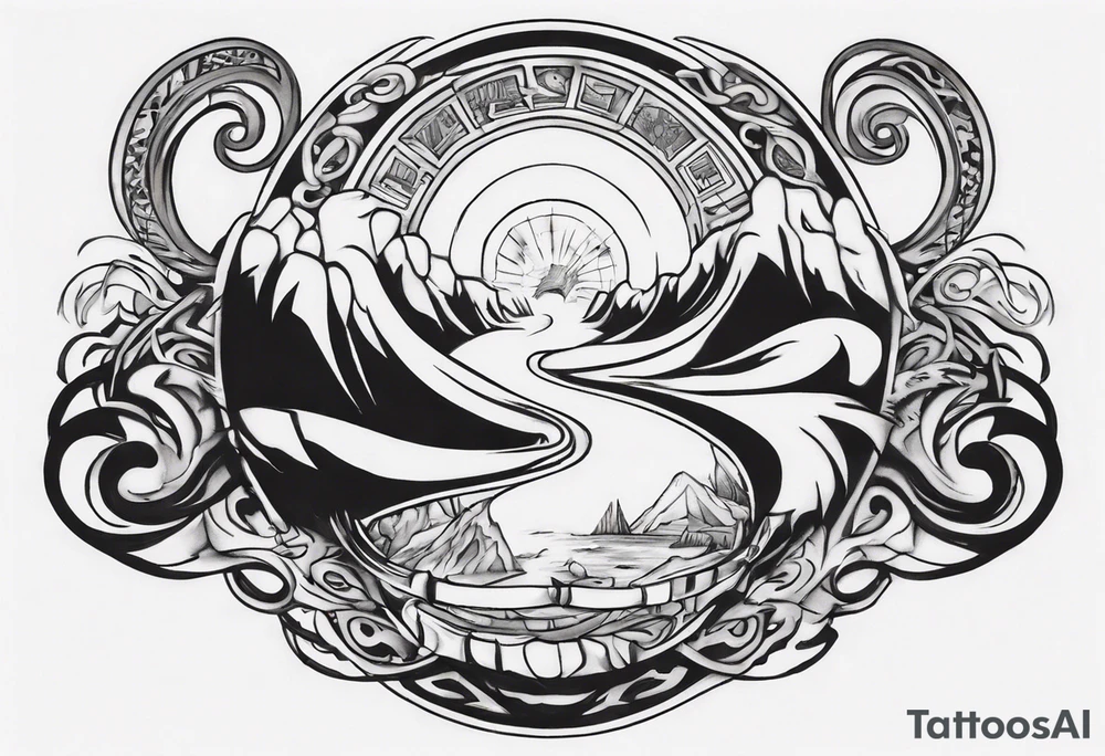 Inner bicep, stretched horizontally, visual representation of the journey of life tattoo idea