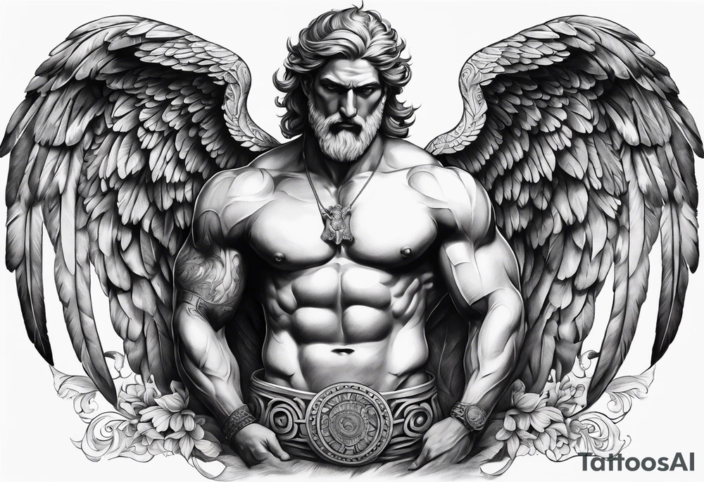 full chest tattoo with wings on shoulders with a greek god in the middle with shading tattoo idea