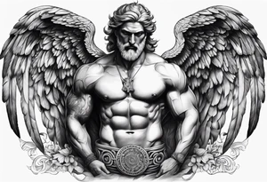 full chest tattoo with wings on shoulders with a greek god in the middle with shading tattoo idea