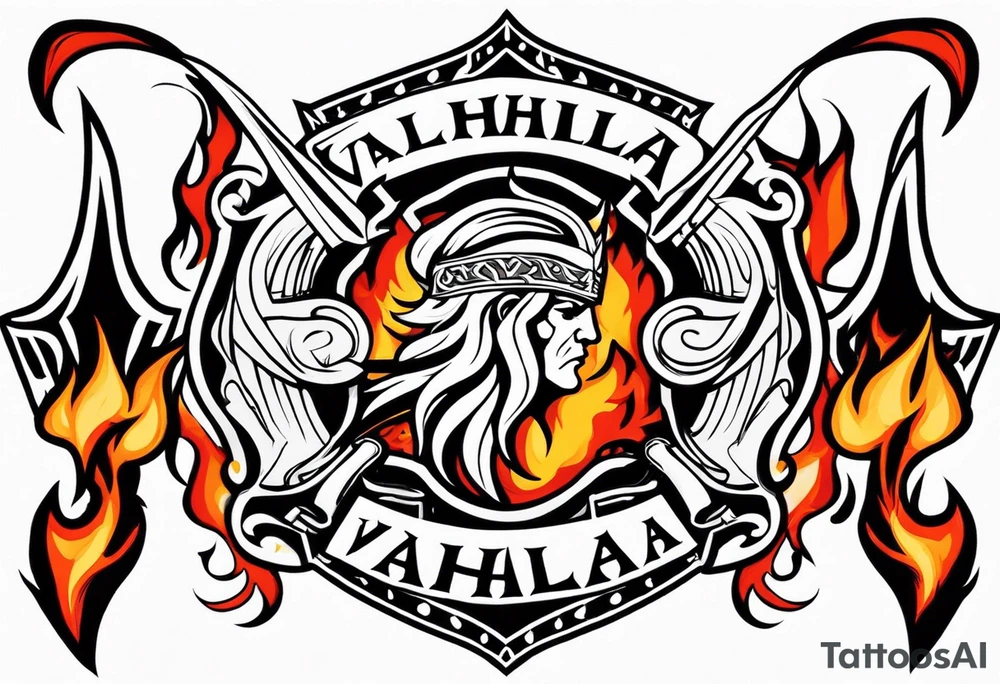 Valhalla on  fire shield sword tattoo idea