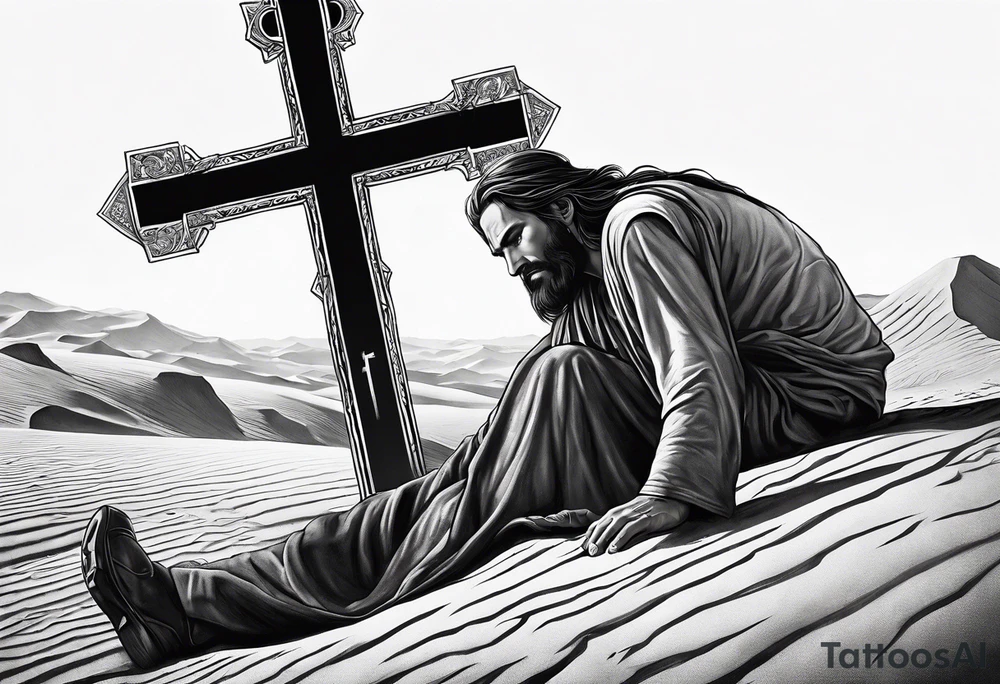 man crawling in a desert toward the cross of Christ tattoo idea