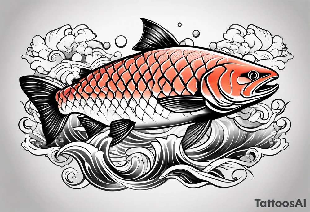 a salmon surrounded by japanese elements tattoo idea