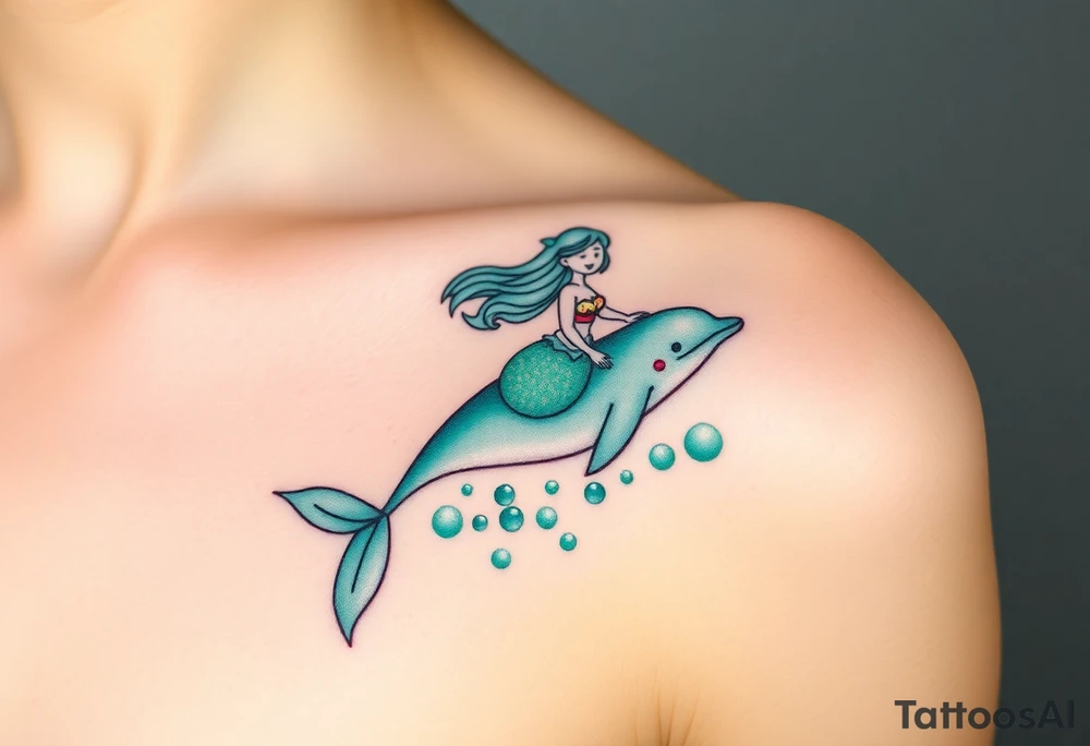 A mermaid riding a dolphin through an enchanted sea, blending deep emerald greens and luminous pearl whites tattoo idea